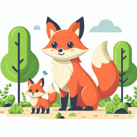 Cute cartoon foxes in the forest. Vector illustration in flat styleのイラスト素材
