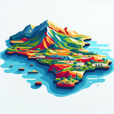 Mountains and city on the background of the sea. Vector illustrationのイラスト素材