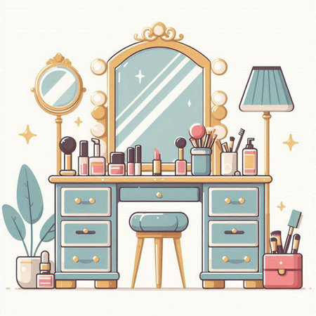 Vector illustration of a dressing table with mirror, makeup brushes and cosmeticsのイラスト素材