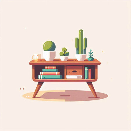 Vector illustration of a wooden shelf with books, cactus and succulentのイラスト素材