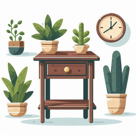 Flat design vector illustration of a table in a room with plants and clock.のイラスト素材