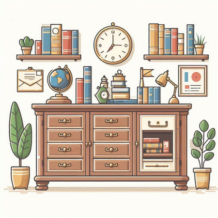 Bookshelf with books and accessories. Vector illustration in flat styleのイラスト素材