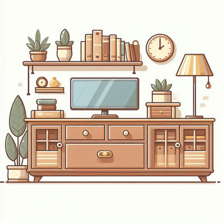 Vector illustration of a living room interior with furniture, bookshelf, clock and plants.のイラスト素材