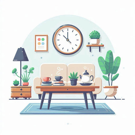 Interior of living room with sofa, coffee table, clock and plants. Flat vector illustration.のイラスト素材