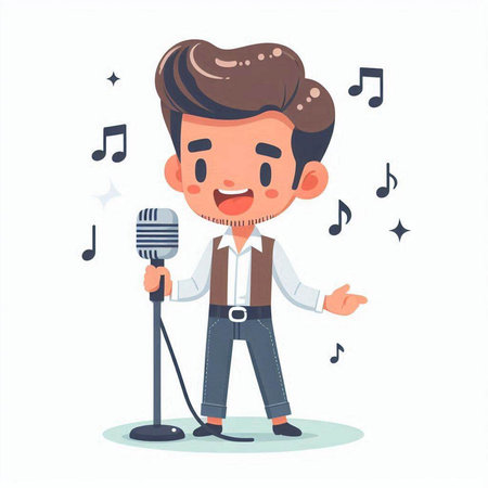 Cute cartoon boy singing karaoke with microphone. Vector illustrationのイラスト素材
