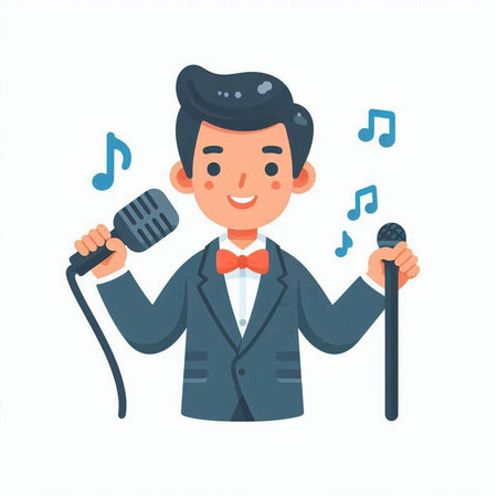 Cartoon man in a suit with a microphone. Vector illustration.のイラスト素材