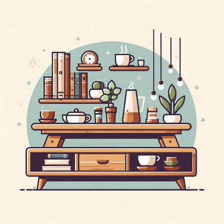 Vector illustration of a shelf with books, coffee cups, vase and other things.のイラスト素材