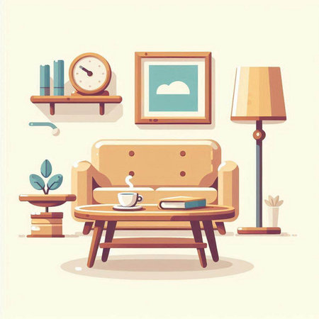 Living room interior with sofa, table, lamp, coffee cup and books. Vector illustrationのイラスト素材