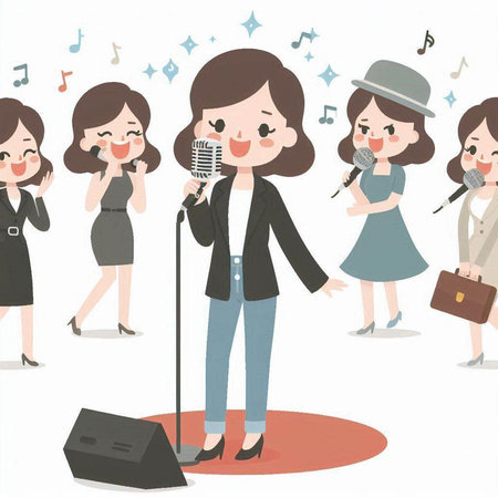 Illustration of a woman in a business suit singing karaokeのイラスト素材