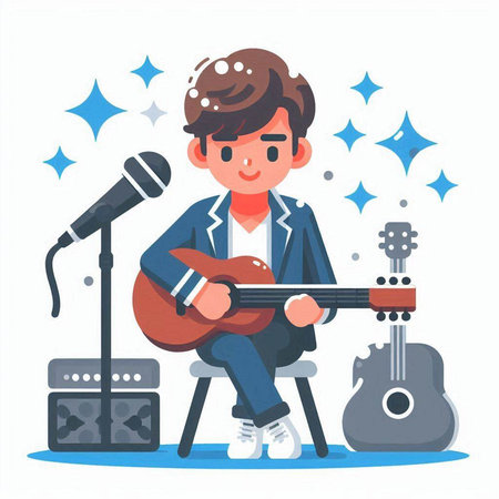 Boy playing guitar and singing. Vector illustration in flat cartoon style.のイラスト素材