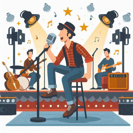 Musical band performing on stage flat vector illustration. Musician in checkered shirt, hat, jeans and shoes sitting on stage with instruments and singing into microphone.のイラスト素材