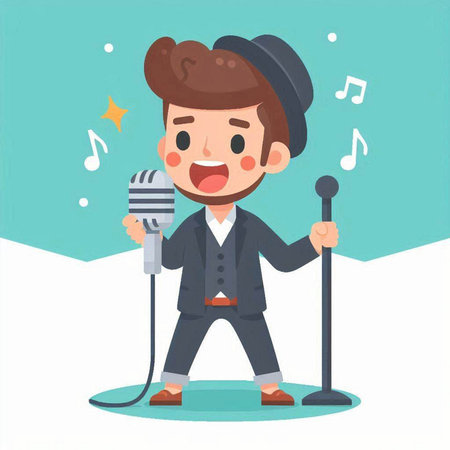 Cartoon karaoke man with microphone. Vector illustration of a singer.のイラスト素材