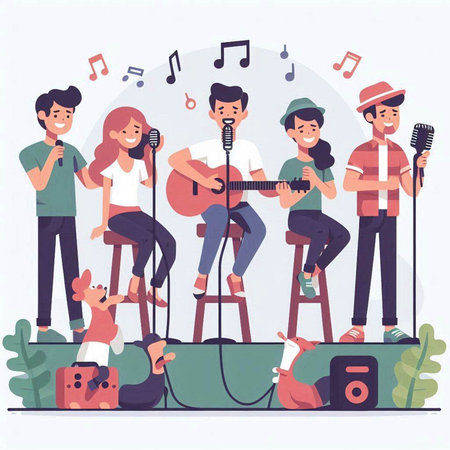 Group of young people singing and playing musical instruments. Flat vector illustration.のイラスト素材