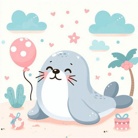 Cute baby seal with balloons and gift box. Vector illustration.のイラスト素材