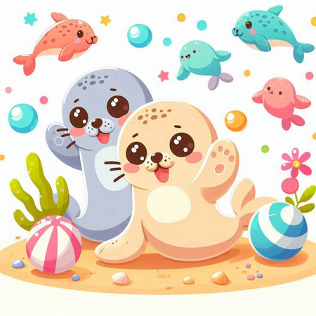 Cute seals and sea animals on the sand, vector illustration.のイラスト素材