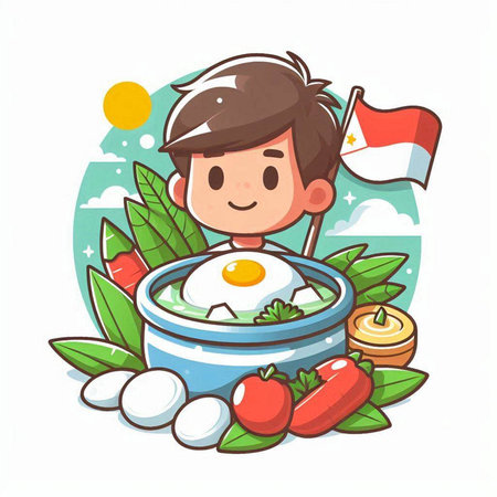 Cartoon boy eating egg in a bowl. Vector illustration on white background.のイラスト素材