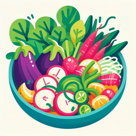Vegetable salad in a bowl. Vector illustration in flat style.のイラスト素材