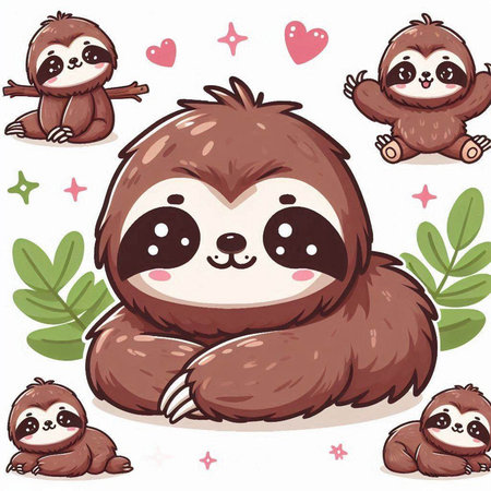Cute cartoon sloth with baby. Vector clip art illustration.のイラスト素材