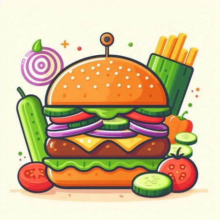 Hamburger with vegetables. Vector illustration in flat cartoon style.のイラスト素材