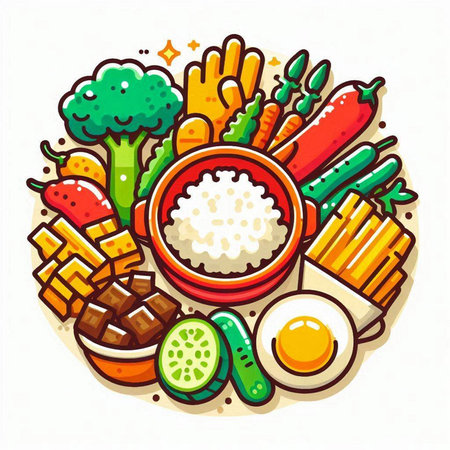 Illustration of a bowl of rice, vegetables and fried egg.のイラスト素材