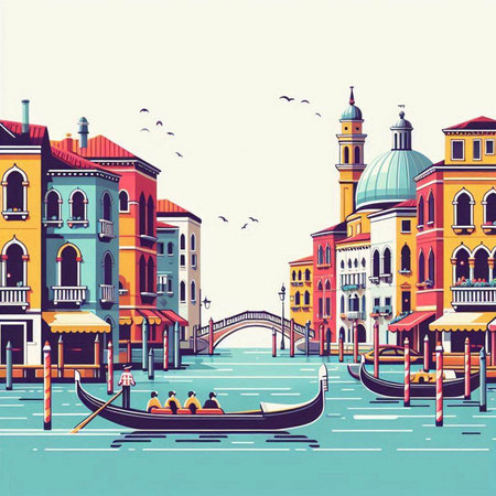 Venice, Italy. Grand Canal with gondolas. Vector illustrationのイラスト素材