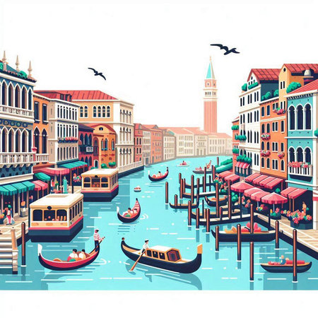 Venice, Italy vector illustration with gondolas and canalsのイラスト素材
