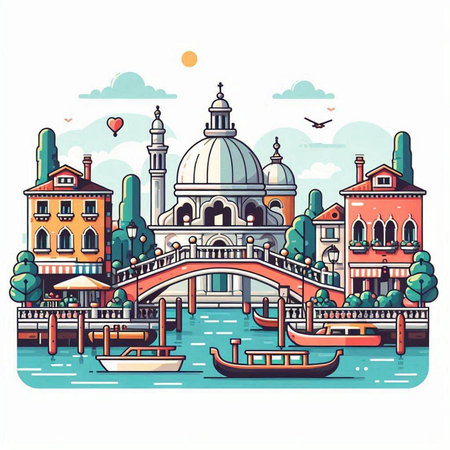Venice, Italy cityscape with gondolas and Basilica Santa Maria della Salute, vector illustrationのイラスト素材