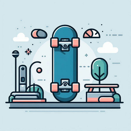 Skateboard vector illustration. Modern thin line flat design style.のイラスト素材