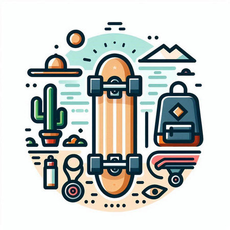 Modern flat line design vector illustration concept of extreme sport. Skateboard, mountains, sun and cactus icons.のイラスト素材