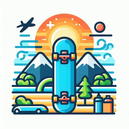 Skateboard in the mountains. Modern flat style vector illustration.のイラスト素材