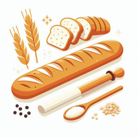 Illustration of bread and wheat on white background. Vector illustration.のイラスト素材