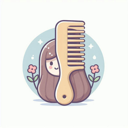 Vector illustration of a cute girl combing her hair with a wooden comb.のイラスト素材