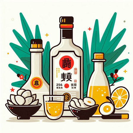 Chinese New Year greeting card with tequila bottle, teapot and cocktailのイラスト素材