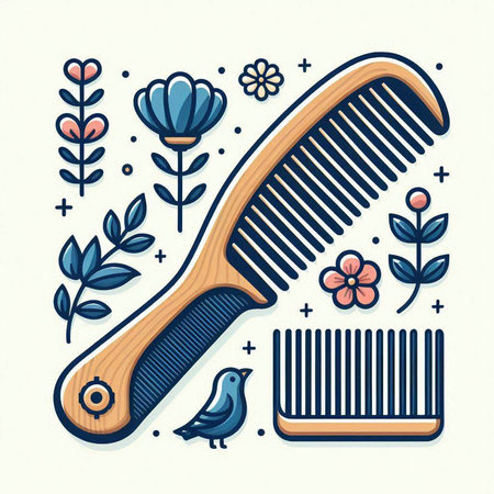 Vector illustration of a combs, flowers and birds in the style of Doodle.のイラスト素材