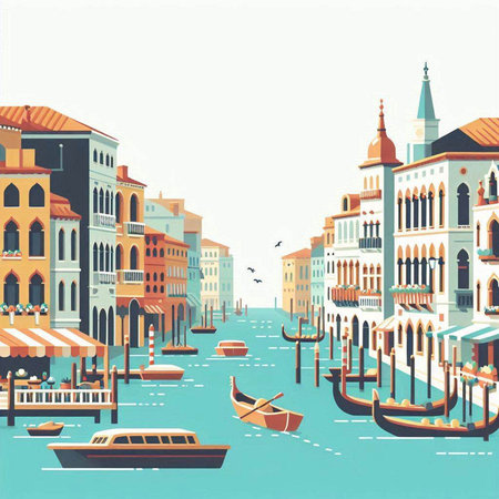 Venice, Italy. Vector illustration of a Venice street with gondolas and boats.のイラスト素材