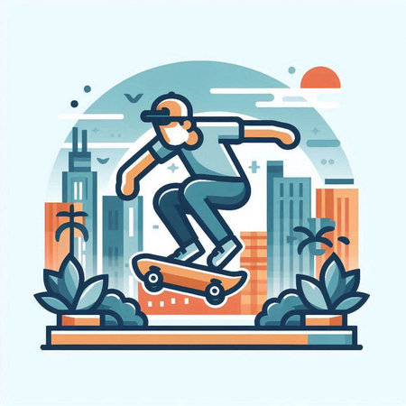 Skateboarder riding on skateboard. Vector illustration in flat linear style.のイラスト素材