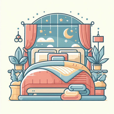 Vector illustration of a cozy bedroom with a double bed and a set of decorative elements.のイラスト素材