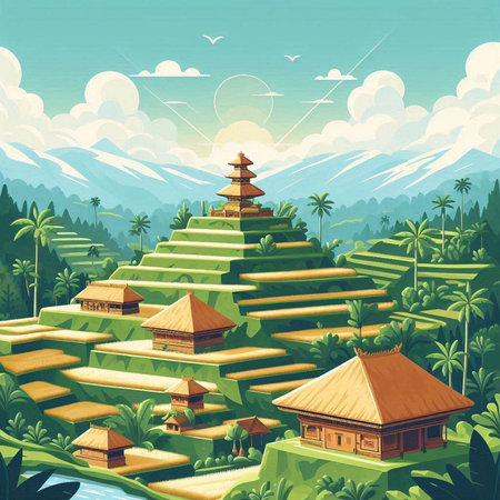 Indonesian traditional house in the mountains. Vector cartoon illustration.のイラスト素材