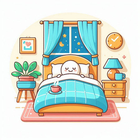 Cute cartoon bed with pillow and blanket. Vector illustration in flat styleのイラスト素材