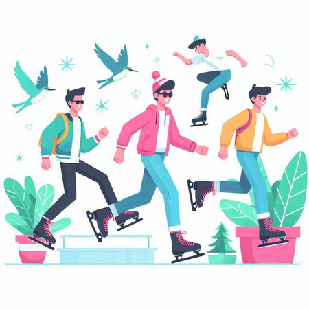 Skating people flat vector illustration. Group of men and women skating on ice rink.のイラスト素材