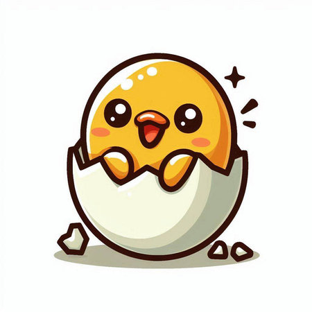 Cute cartoon chicken in eggshell isolated on white background. Vector illustration.のイラスト素材