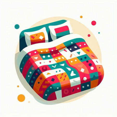 Vector illustration of bed with pillows and blanket. Colorful backgroundのイラスト素材