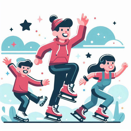 Happy family skating on ice rink. Father, mother and son. Vector illustrationのイラスト素材