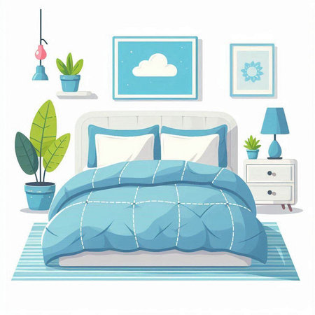 Bedroom interior with bed and pillows. Vector illustration in flat styleのイラスト素材