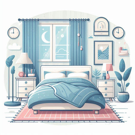 Bedroom interior. Vector illustration in flat style. Bedroom with pillows, bedside table, window, clock, lamps, nightstands and plants.のイラスト素材
