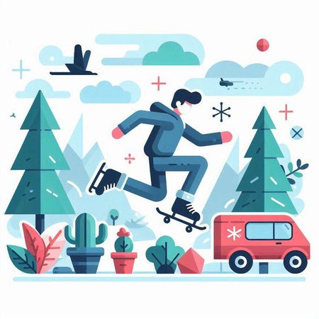 Vector flat style illustration of a woman riding a skateboard in the park.のイラスト素材