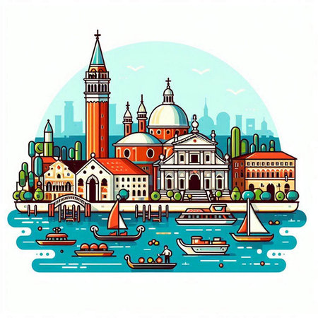 Venice cityscape with famous landmarks and boats. Vector illustration.のイラスト素材