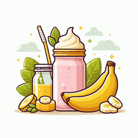Banana smoothie and banana slices in a glass jar. Vector illustration.のイラスト素材