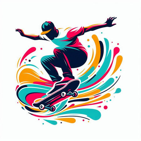 illustration of a skateboarder on a colorful background with splashesのイラスト素材