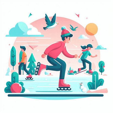Winter sports. People skating in the park. Flat vector illustration.のイラスト素材